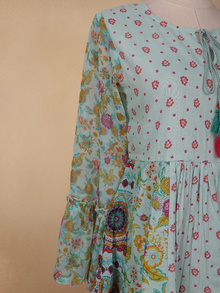 Pale Green Floral Printed Cotton Kurti Top - Diadem