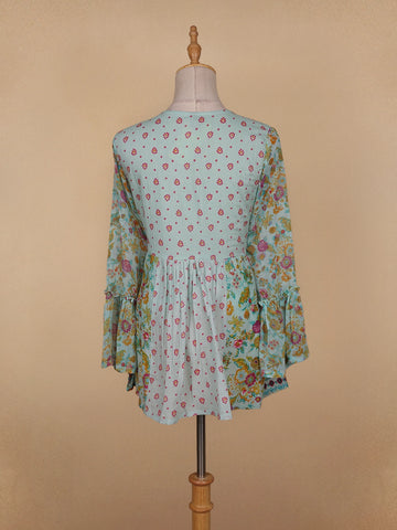 Pale Green Floral Printed Cotton Kurti Top - Diadem