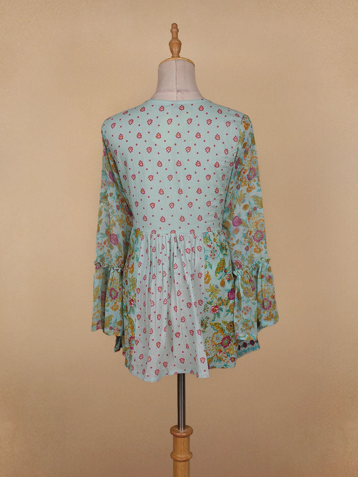 Pale Green Floral Printed Cotton Kurti Top - Diadem