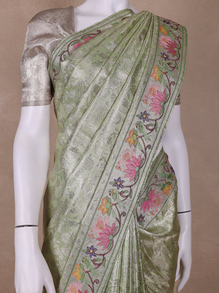 Pale Green Floral Woven Tissue Banarasi Saree - Diadem