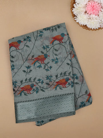 Pale Green Floral and Bird Designed Fancy Cotton Saree - Diadem