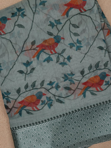 Pale Green Floral and Bird Designed Fancy Cotton Saree - Diadem