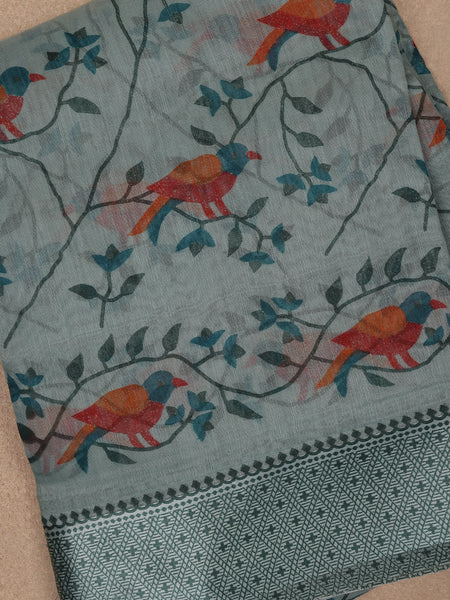 Pale Green Floral and Bird Designed Fancy Cotton Saree - Diadem
