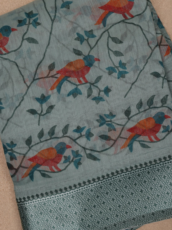 Pale Green Floral and Bird Designed Fancy Cotton Saree - Diadem