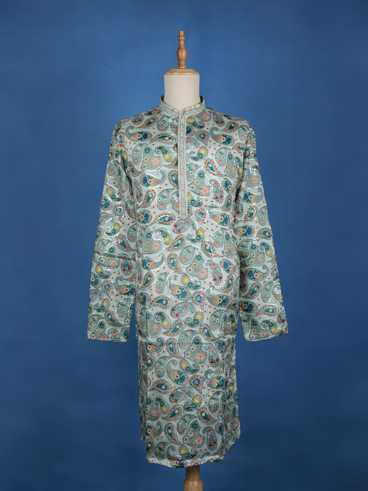 Pale Green Paisley Designed Semi Silk Kurta Set, With Pant