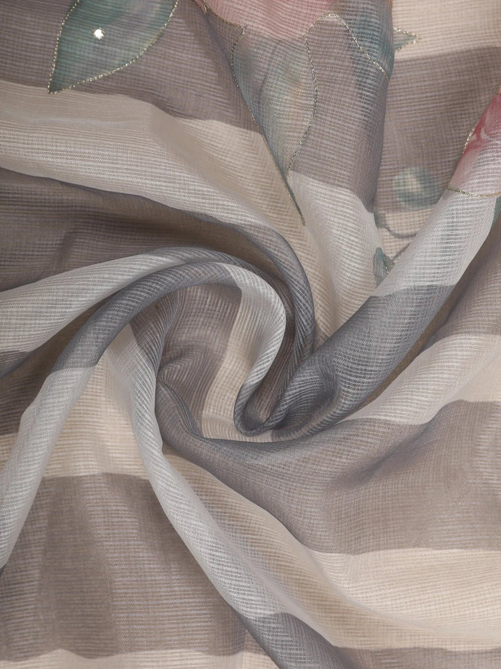 Pale Grey Floral Designed Cotton Saree - Diadem