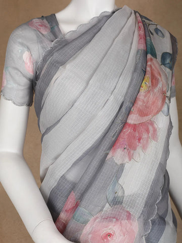 Pale Grey Floral Designed Cotton Saree - Diadem