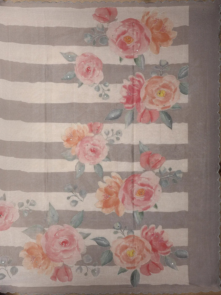 Pale Grey Floral Designed Cotton Saree - Diadem