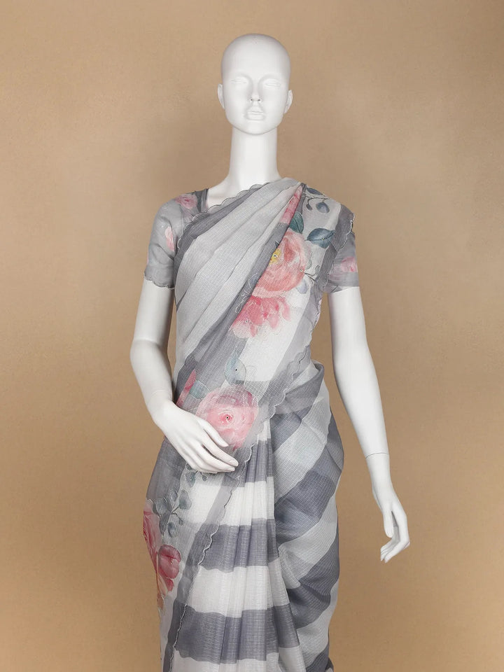 Pale Grey Floral Designed Cotton Saree - Diadem