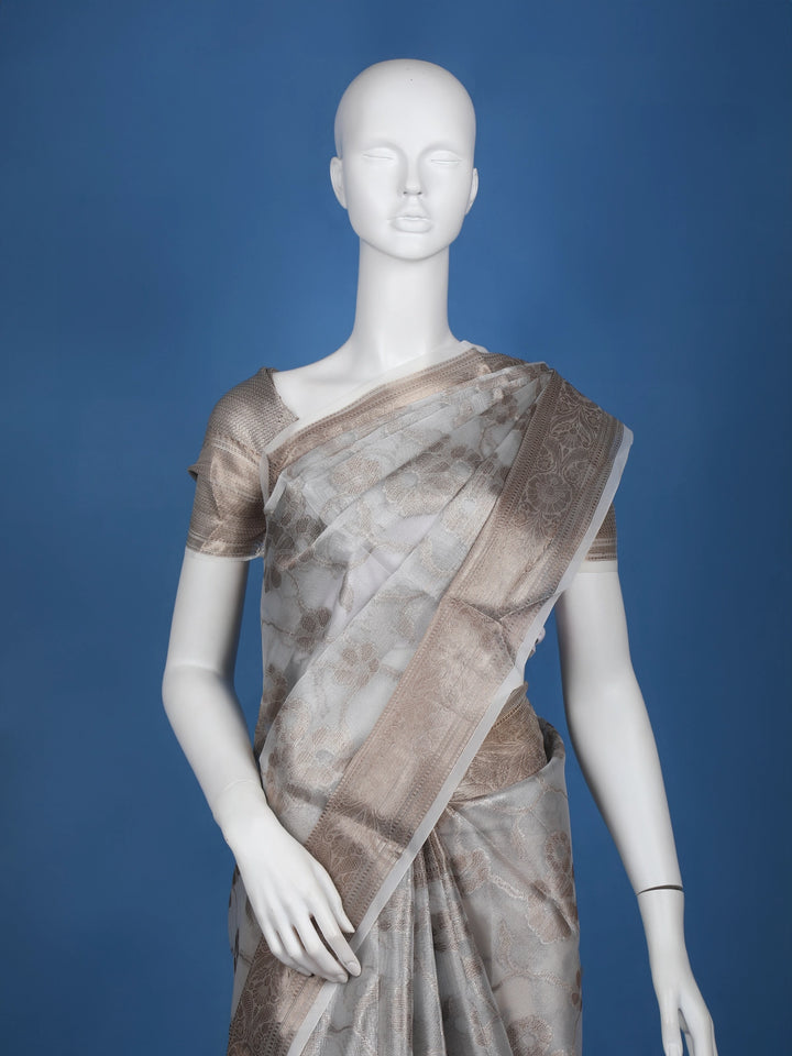 Pale Grey Floral Designed Semi Tissue Saree - Diadem