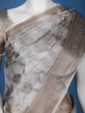 Pale Grey Floral Designed Semi Tissue Saree - Diadem