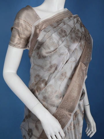 Pale Grey Floral Designed Semi Tissue Saree - Diadem