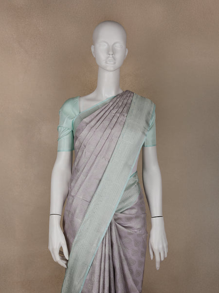 Pale Lavender Floral Woven Pure Kanchipuram Silk Saree - Diadem
