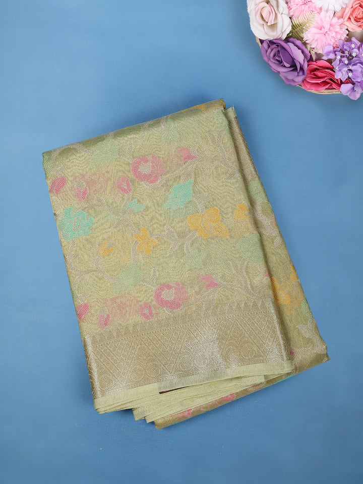 Pale Olive Green Floral Design Tissue Silk Saree - Diadem