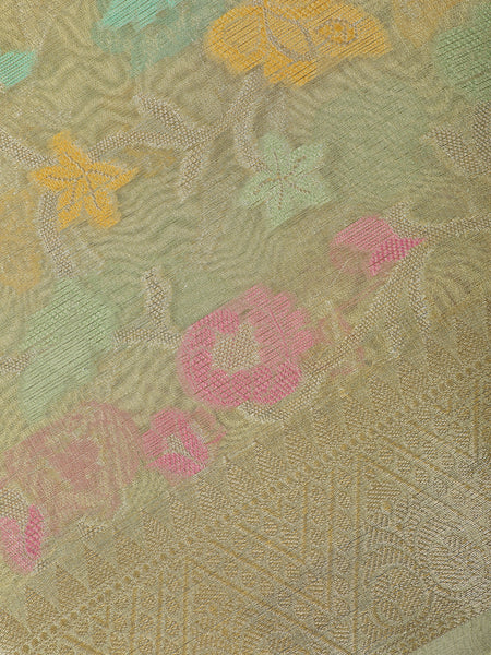 Pale Olive Green Floral Design Tissue Silk Saree - Diadem