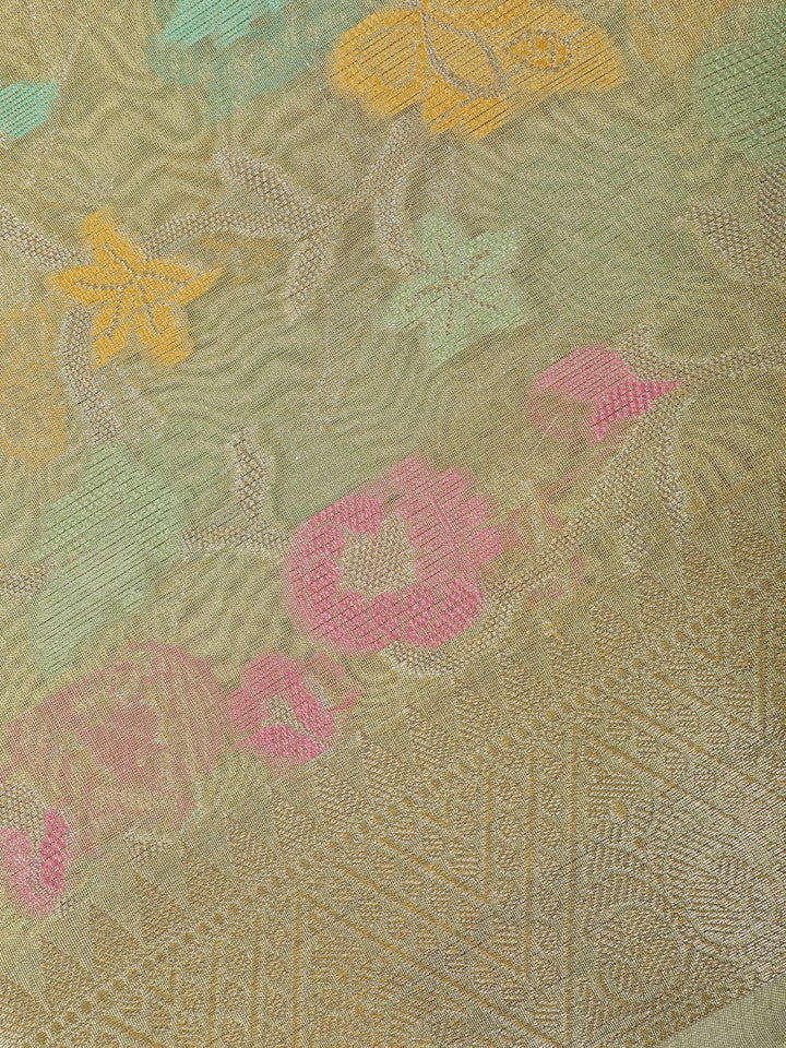 Pale Olive Green Floral Design Tissue Silk Saree - Diadem