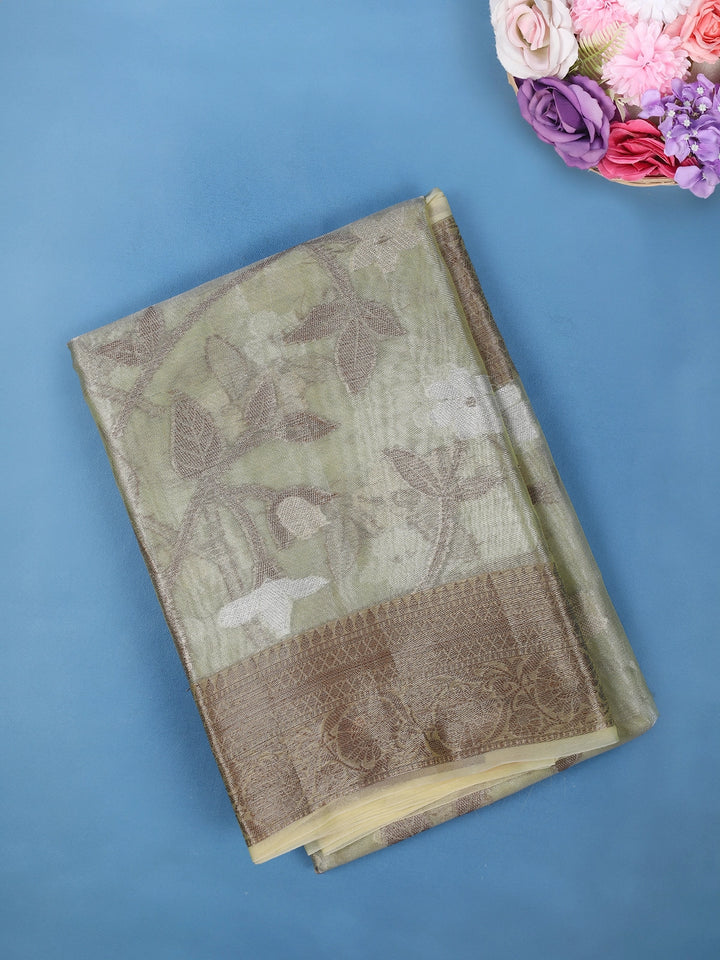 Pale Olive Green Floral Design Tissue Silk Saree - Diadem