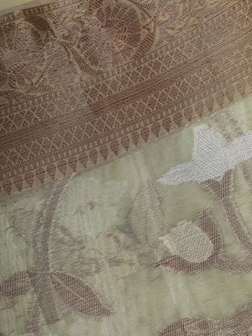 Pale Olive Green Floral Design Tissue Silk Saree - Diadem