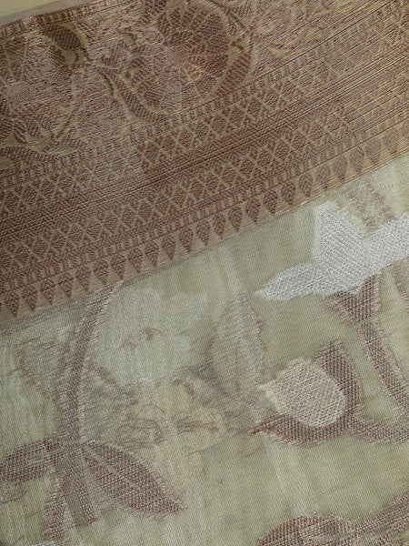 Pale Olive Green Floral Design Tissue Silk Saree - Diadem