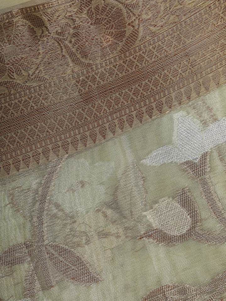 Pale Olive Green Floral Design Tissue Silk Saree - Diadem