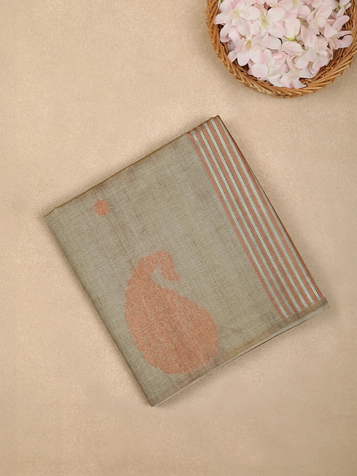 Pale Olive Green Semi Tussar Silk Saree with Floral and Stripes Design - Diadem