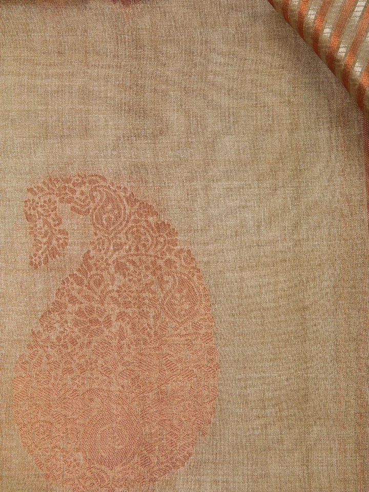 Pale Olive Green Semi Tussar Silk Saree with Floral and Stripes Design - Diadem