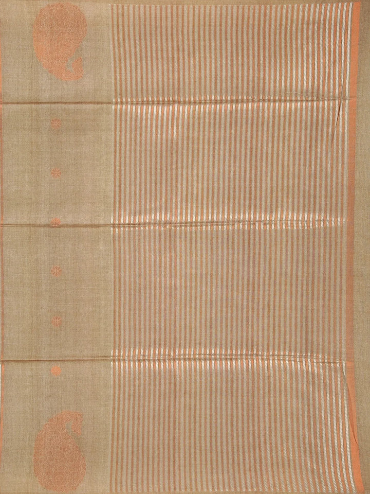 Pale Olive Green Semi Tussar Silk Saree with Floral and Stripes Design - Diadem