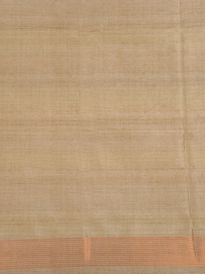 Pale Olive Green Semi Tussar Silk Saree with Floral and Stripes Design - Diadem