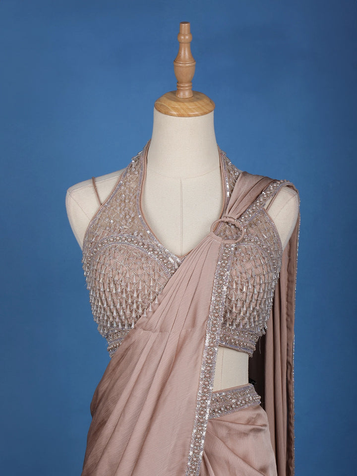 Pale Pink Beaded Designs Chiffon Ready To Wear Saree with Designer Blouse - Diadem