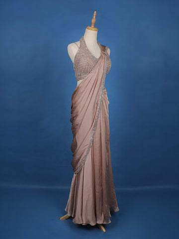 Pale Pink Beaded Designs Chiffon Ready To Wear Saree with Designer Blouse - Diadem