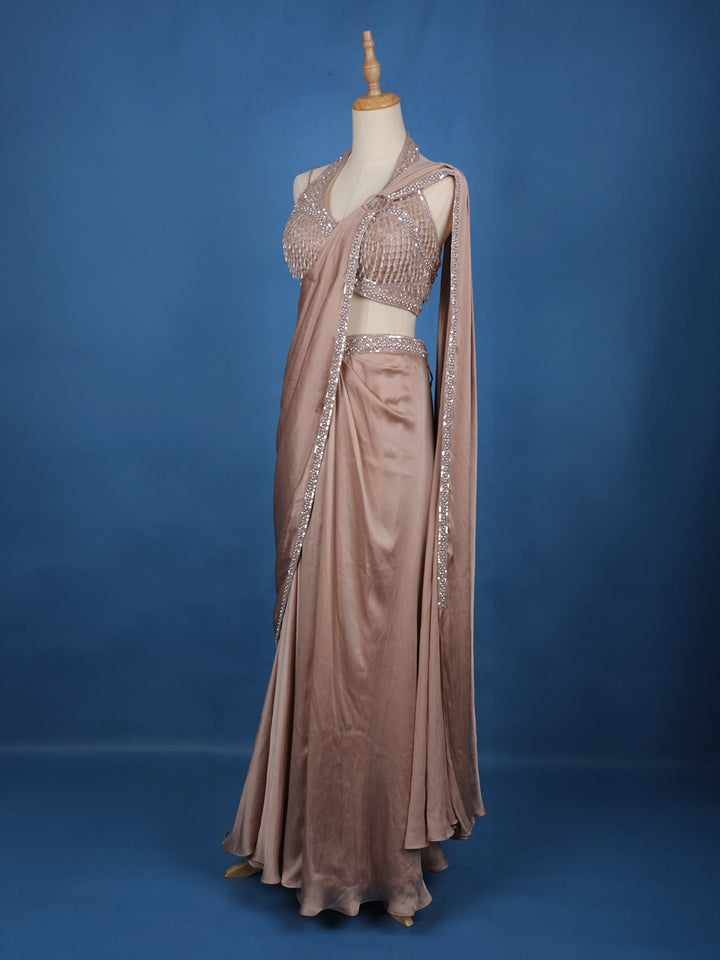 Pale Pink Beaded Designs Chiffon Ready To Wear Saree with Designer Blouse - Diadem