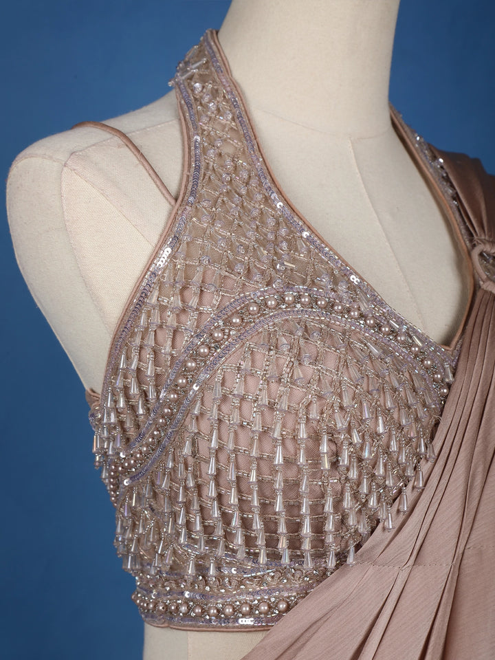 Pale Pink Beaded Designs Chiffon Ready To Wear Saree with Designer Blouse - Diadem
