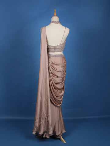 Pale Pink Beaded Designs Chiffon Ready To Wear Saree with Designer Blouse - Diadem