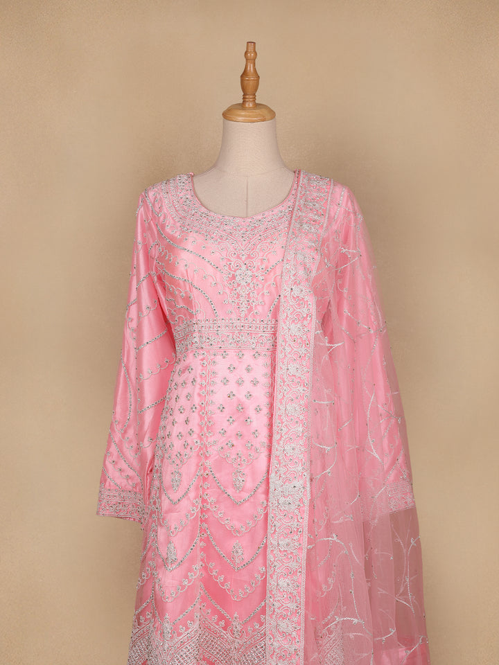 Pale Pink Floral Designed Net Salwar Suit - Diadem
