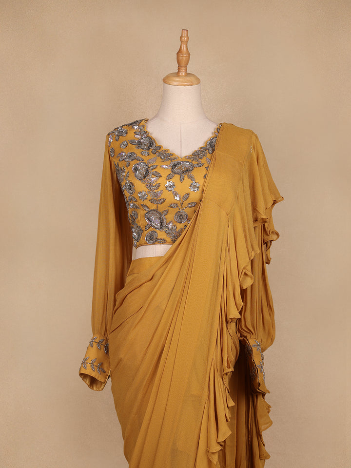 Mustard Yellow Georgette Ready to Wear Saree with Plain Body Paired with Designer Blouse - Diadem