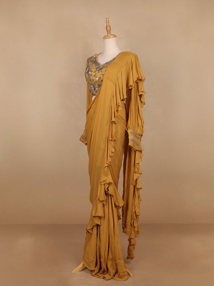 Mustard Yellow Georgette Ready to Wear Saree with Plain Body Paired with Designer Blouse - Diadem