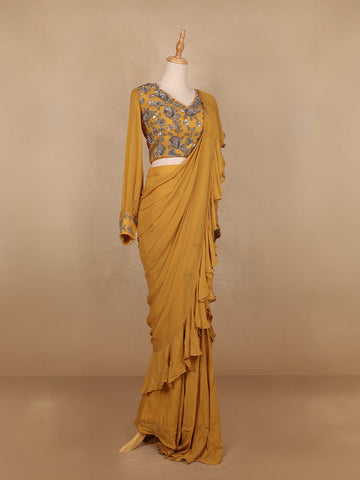 Mustard Yellow Georgette Ready to Wear Saree with Plain Body Paired with Designer Blouse - Diadem
