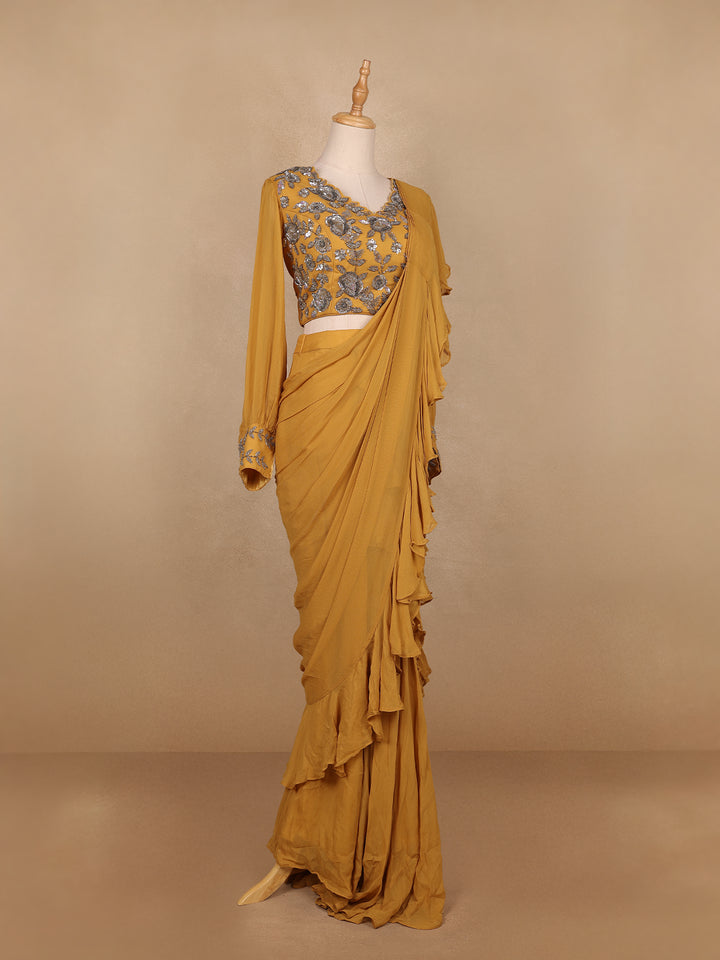 Mustard Yellow Georgette Ready to Wear Saree with Plain Body Paired with Designer Blouse - Diadem