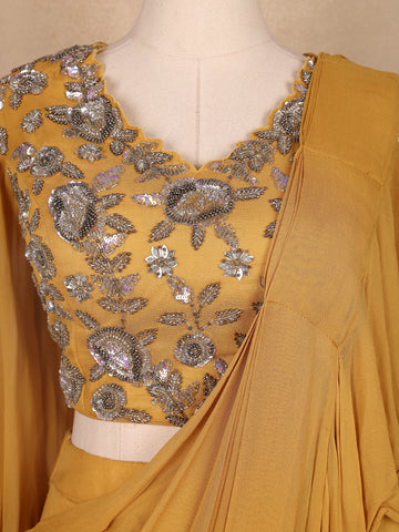 Mustard Yellow Georgette Ready to Wear Saree with Plain Body Paired with Designer Blouse - Diadem
