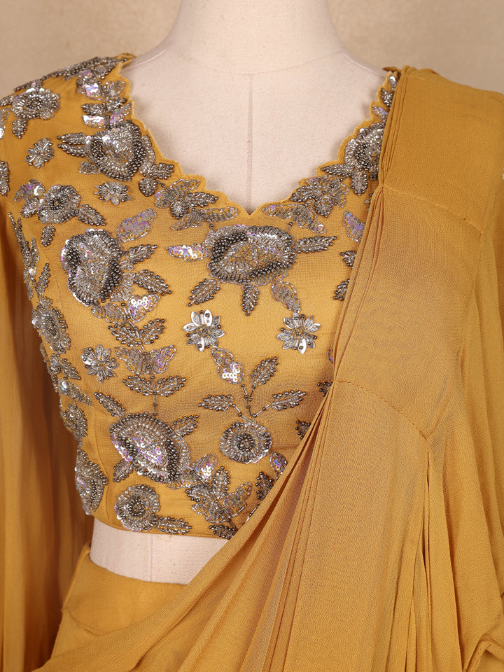 Mustard Yellow Georgette Ready to Wear Saree with Plain Body Paired with Designer Blouse - Diadem