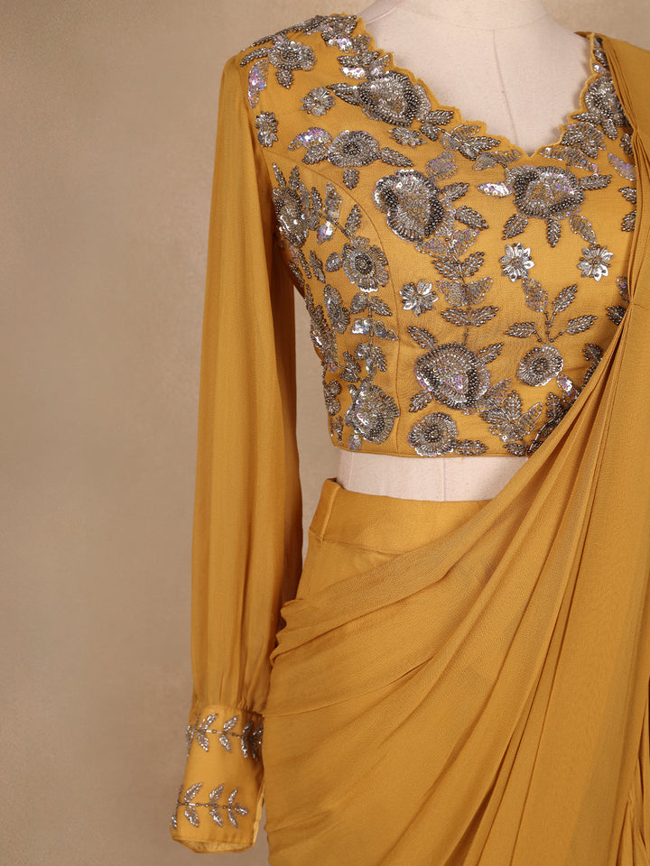 Mustard Yellow Georgette Ready to Wear Saree with Plain Body Paired with Designer Blouse - Diadem