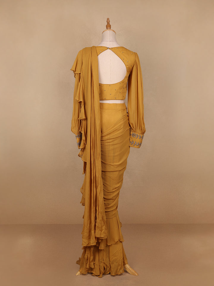 Mustard Yellow Georgette Ready to Wear Saree with Plain Body Paired with Designer Blouse - Diadem