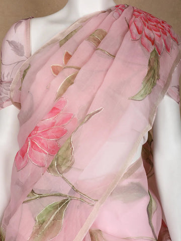 Pale Pink Floral Designed Organza Saree - Diadem