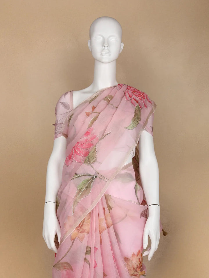 Pale Pink Floral Designed Organza Saree - Diadem