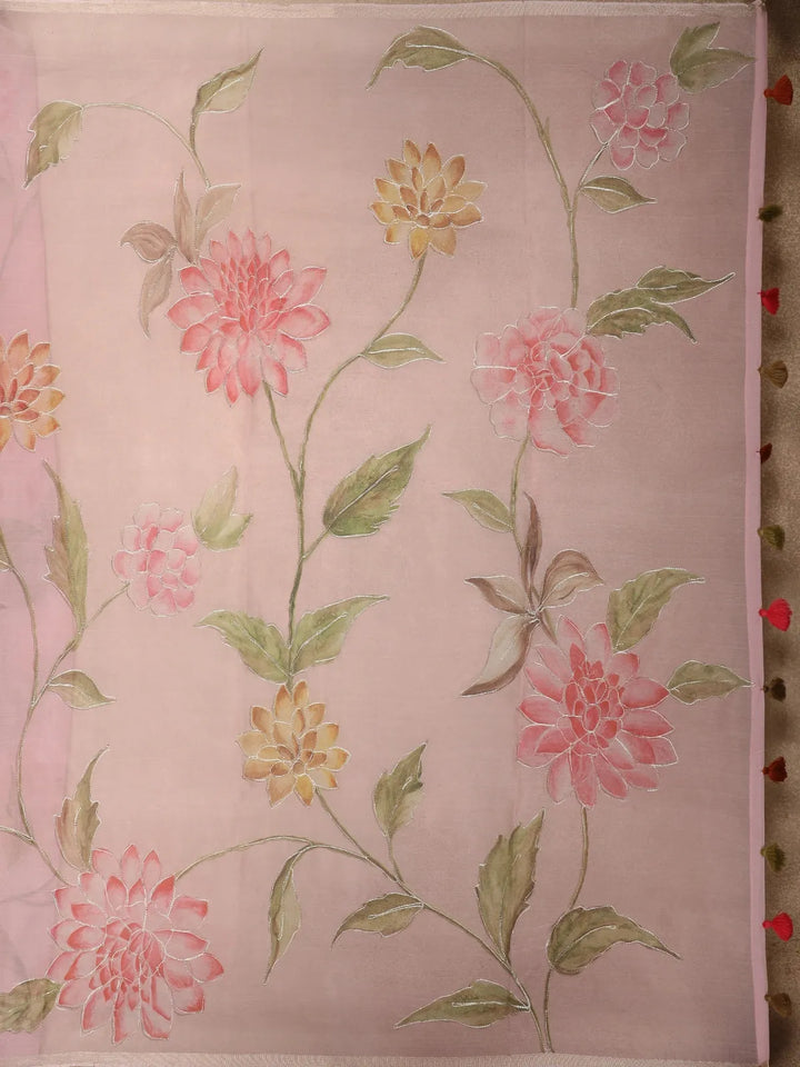 Pale Pink Floral Designed Organza Saree - Diadem