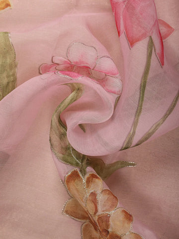Pale Pink Floral Designed Organza Saree - Diadem