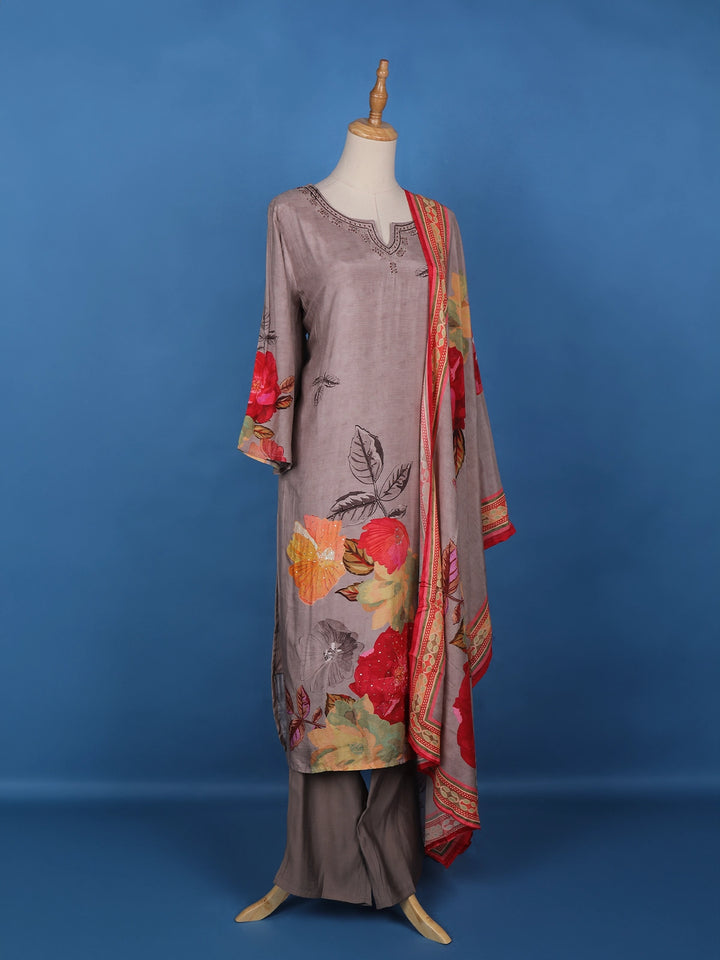 Pale Pink Floral Designed Semi Silk Salwar Suit - Diadem