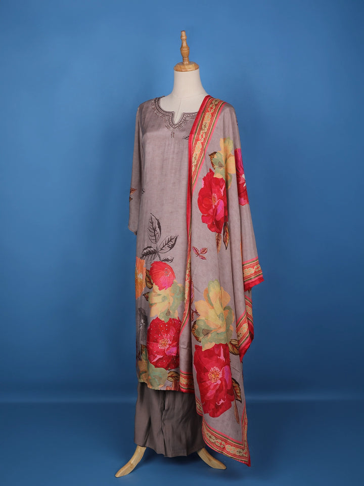 Pale Pink Floral Designed Semi Silk Salwar Suit - Diadem