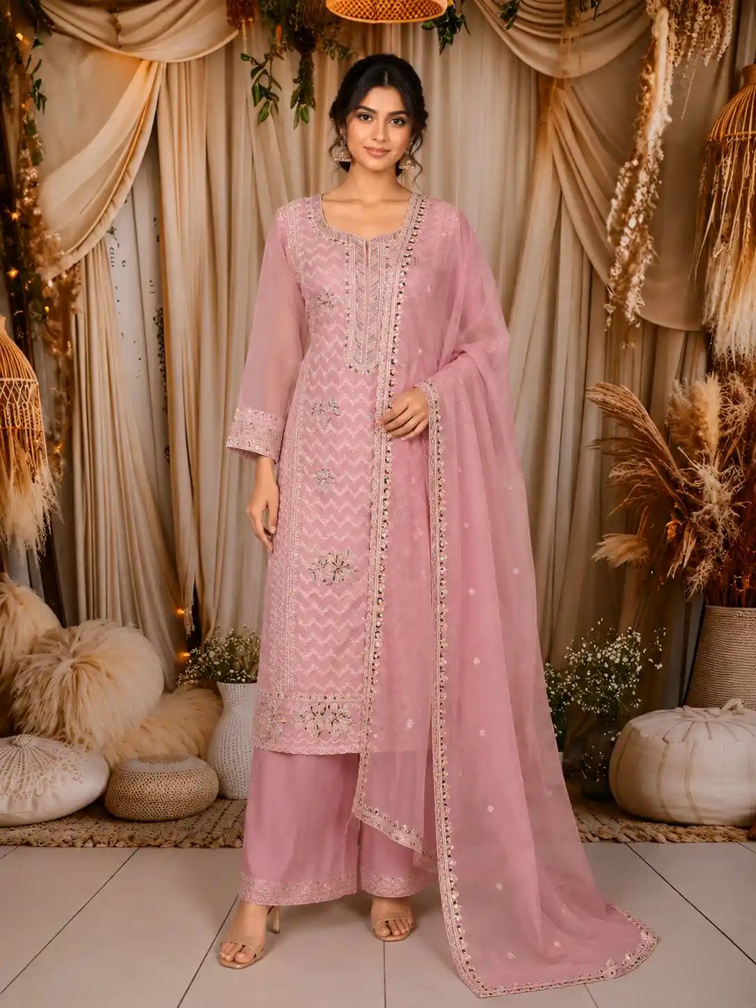 Pale Pink Floral Thread Embroidered Design Net Salwar Suit