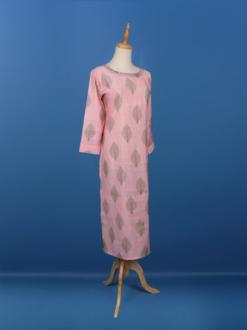 Pale Pink Leaf Designed Cotton Kurti - Diadem